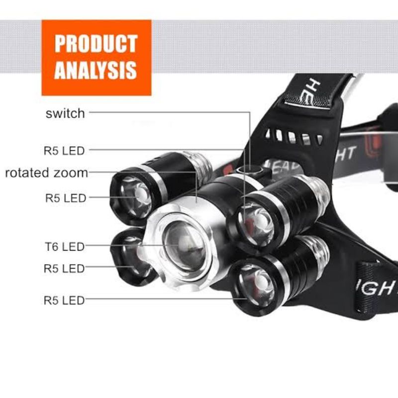 senter kepala LED XM-L T6 + 4 XPE 40000 Lumens/headlamp/senter kepala