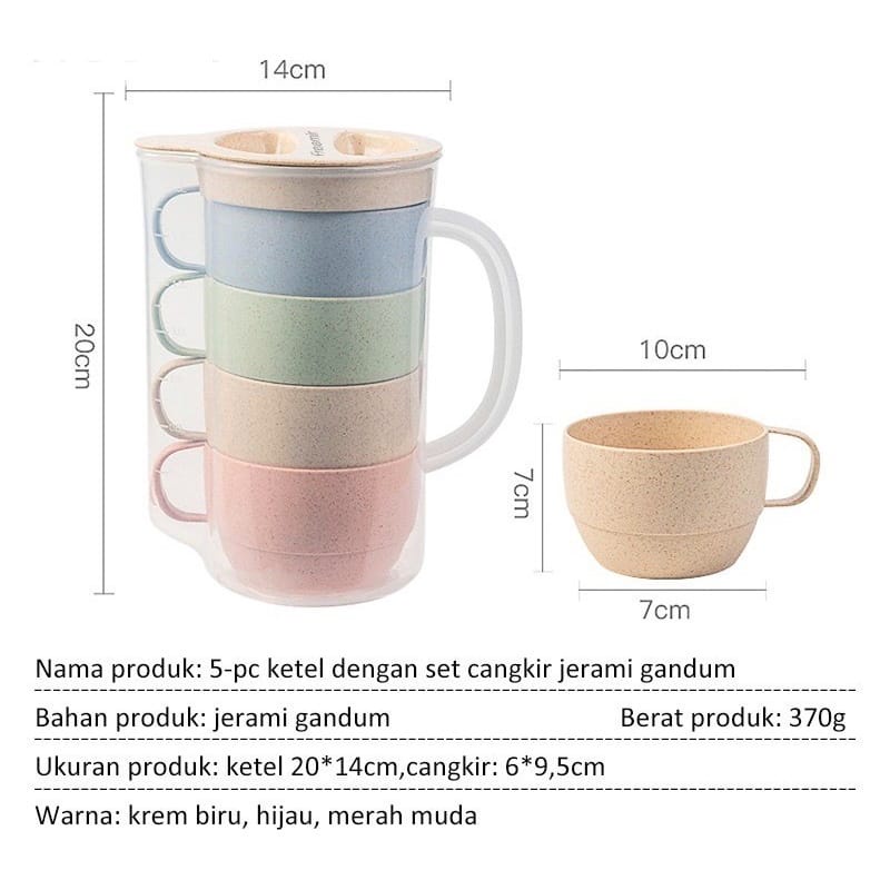 Mug Jerami Gandum Set 5 in 1 Teko Dengan Cangkir / Teko Set 5 pcs Gandum Jerami / Mug Jerami SET