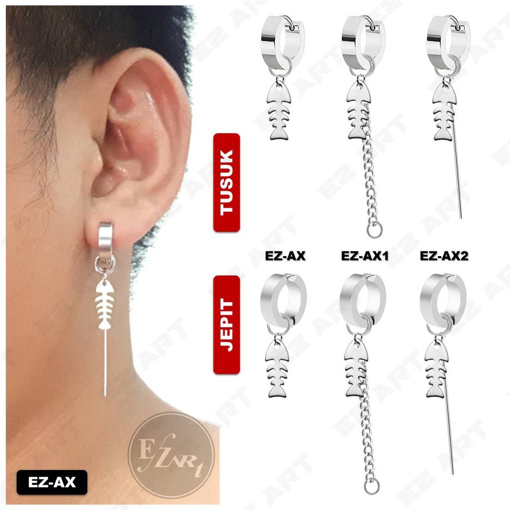 1Pc EZ-AX ANTING JEPIT / TUSUK GANTUNGAN TULANG IKAN RANTAI PRIA WANITA TANPA TINDIK