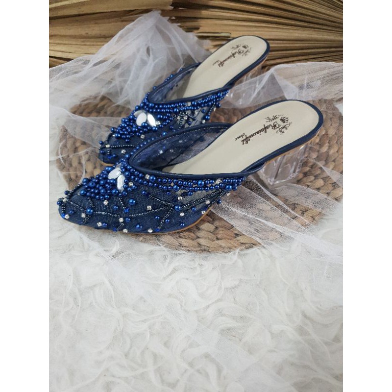 sepatu navy yohana brukat cantik bertaburan diamont dan mutiara