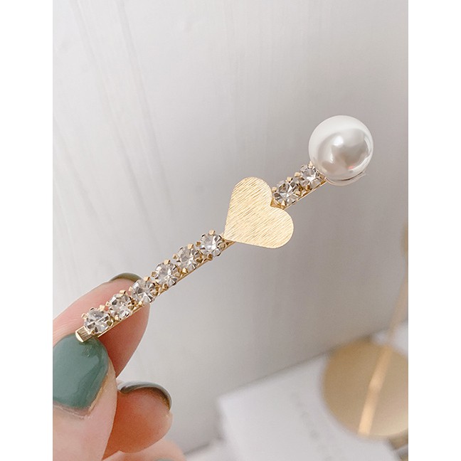 LRC Jepit Rambut Fashion Heart Clip Imitation Pearl Rhinestone Clip F51186