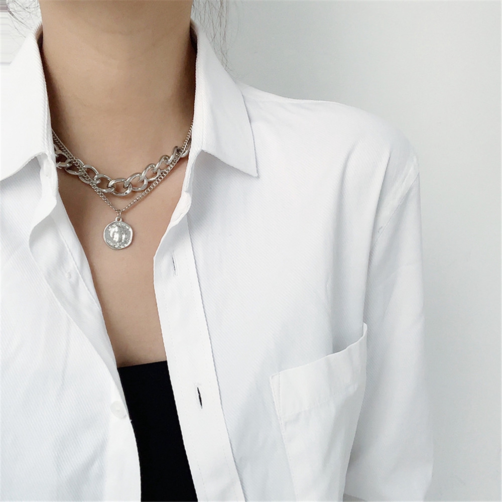 【COD Tangding】2 In 1 Double Personality Hip-hop Necklace Retro Portrait Exaggerated Thick Chain Short Clavicle Necklace