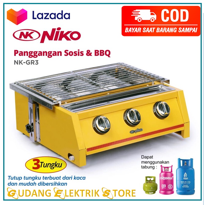 NIKO Kompor Gas Pemanggang Grill BBQ Pemanggang sosis 3 Tungku Garansi