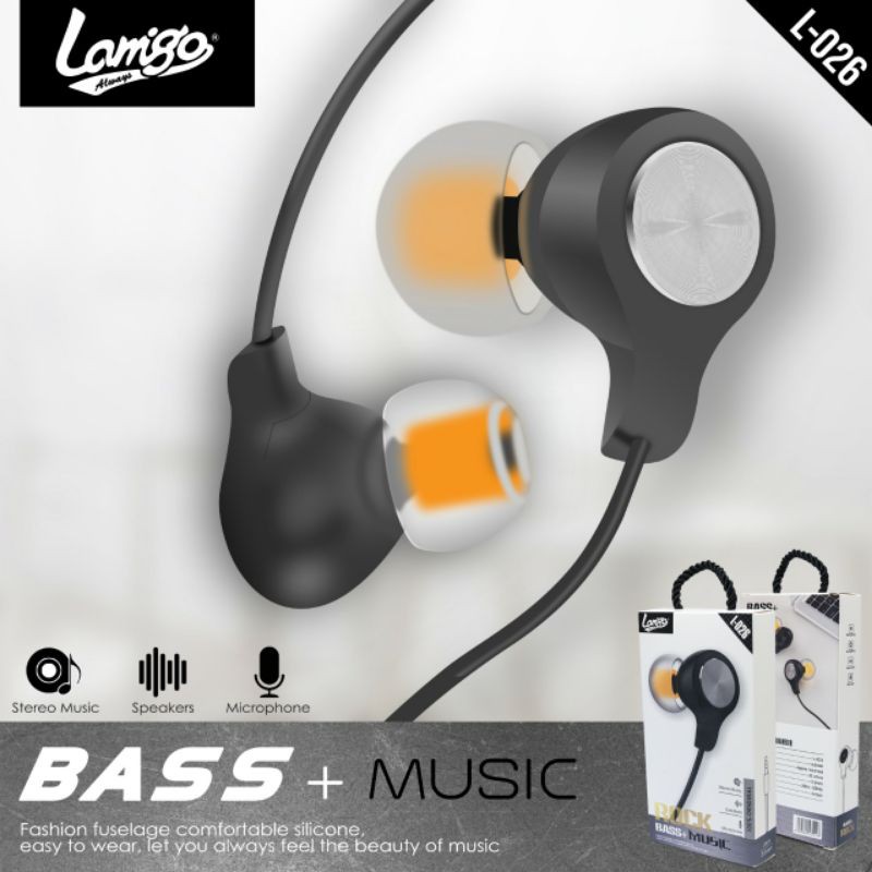 Headset L26 stereo music ROCK BASS telfon earphone mic original