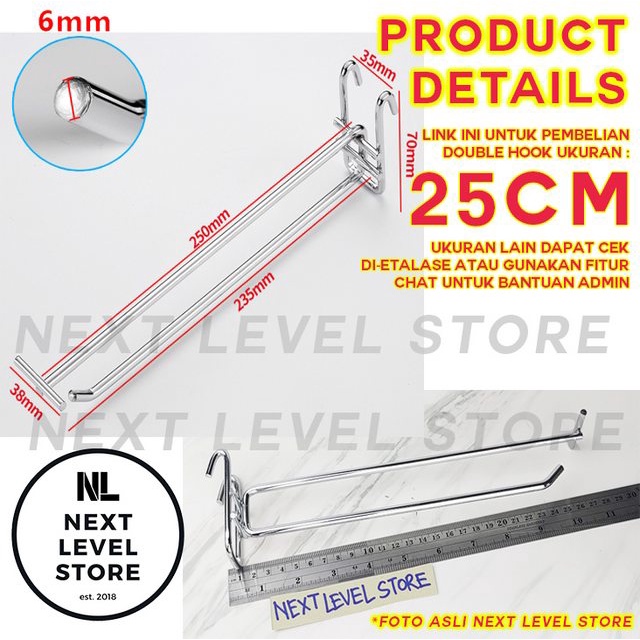 Double Hook Ram 25 CM TEBAL 6mm Display Mesh Cantolan Besi Stainless Label Nama Price Card - LINK GROSIR