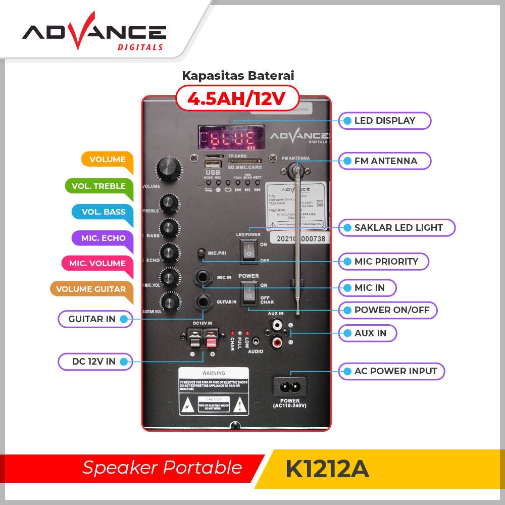 【READY STOCK】 Advance Speaker 12&quot; Woofer + Tweeter Roda  Portable Advance Audio K1212A  2 Mic Wireless |Garansi Resmi 1 Tahun|