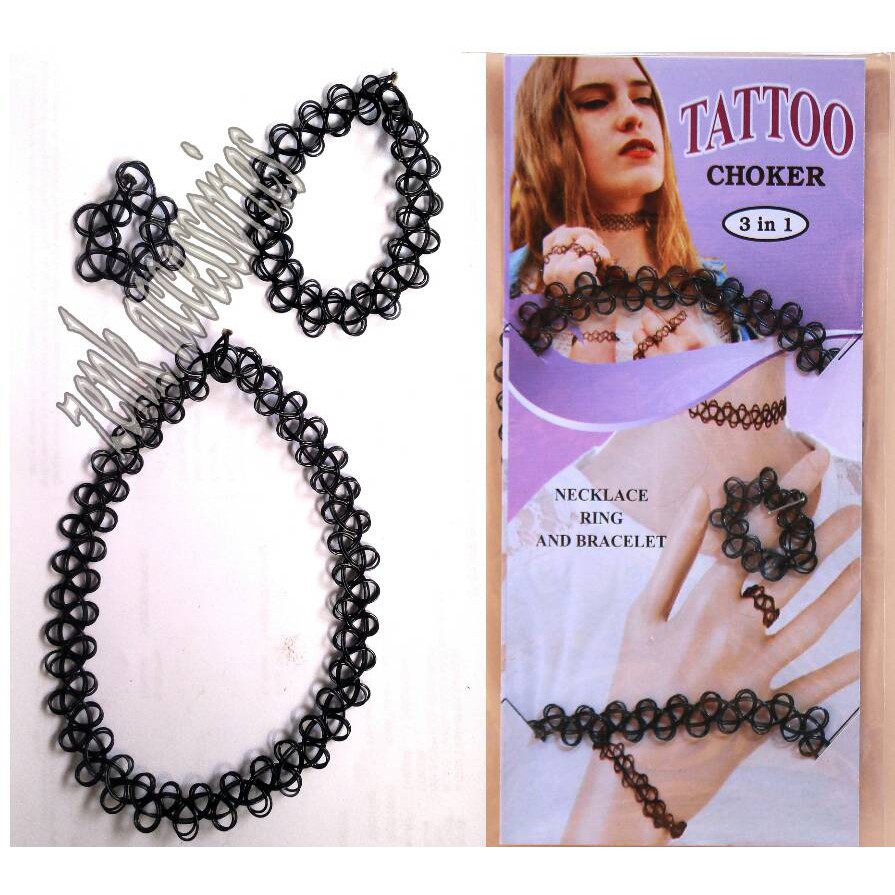 PROMO GROSIR HARGA ECER 1 SET CHOKER 3 in 1 KALUNG, GELANG, CINCIN TATTO TATO DOUBLE STRAND HITAM