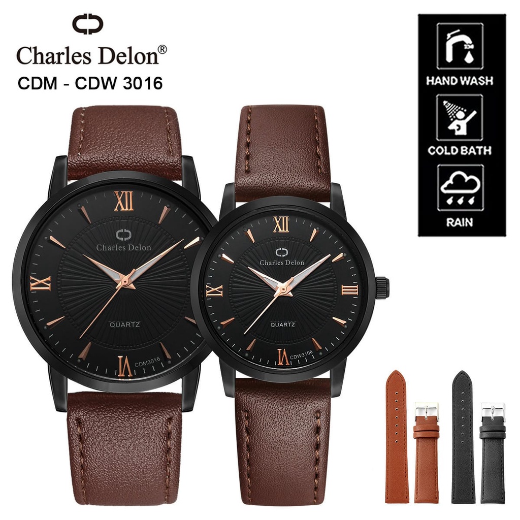 JAM TANGAN COUPLE CHARLES DELON3016 RING HITAM ORIGINAL ANTI AIR