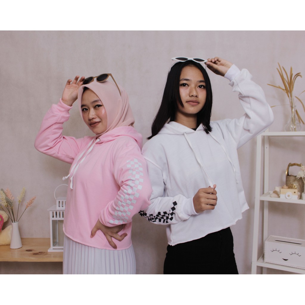 Sweater Crop Hoodie M0tif CATUR TANGAN  // Sweater Wanita korean