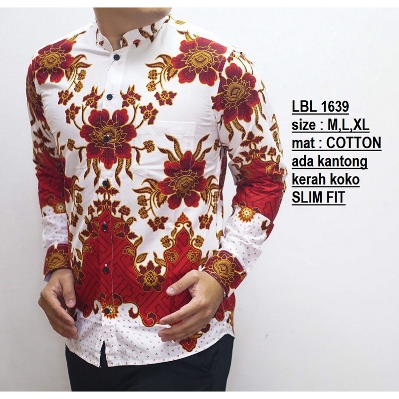 BatikBule Kemeja Batik Slimfit Panjang Motif Formal Warna Merah dan Putih  Kerah Shanghai LBL1638 &amp; LBL1639