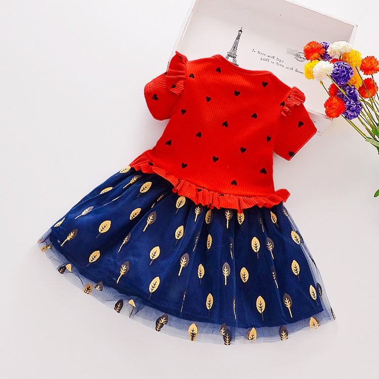 KF Cat Dress tutu anak gaun pesta Dress Tile Anak Imut Motif Love daun bahan Katun Kasa umur 1-2thn Import-6