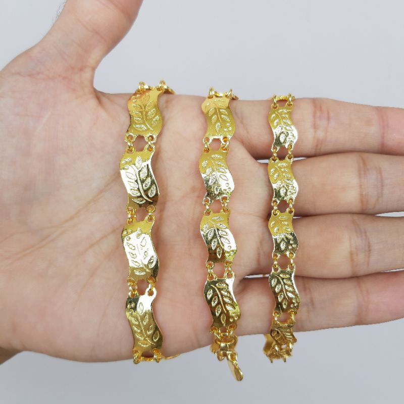 Perhiasan (Model Baru) Gelang Plat Safari Ukir Daun Besar Lapis Emas