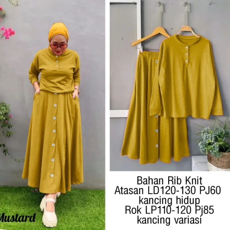 SET ROK, BUTTON, HARUKA, RIB KNIT, GAMIS HIJAB MUSLIM, SETELAN, 3 UKURAN