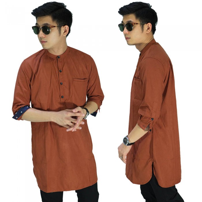 Baju Koko Muslim Kurta Gamis Pakistan Pria 3/4 Polos Merah Bata