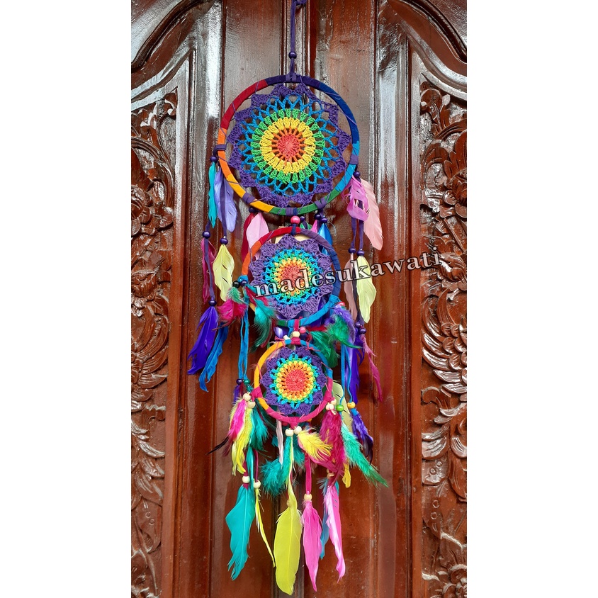 Dream catcher tingkat 3 sulam jaring benang panjang 68cm dekorasi hiasan rumah bulu ayam