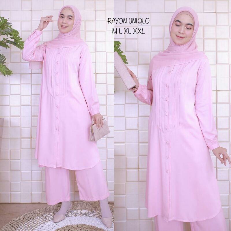 Long set busui PINK kamari setelan celana panjang wanita bahan rayon uniqlo polos original mewah new
