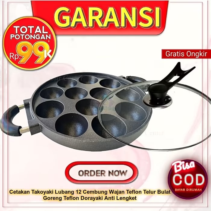 Cetakan Takoyaki Lubang 12 Cembung Wajan Teflon Telur Bulat Goreng Teflon Dorayaki Anti Lengket