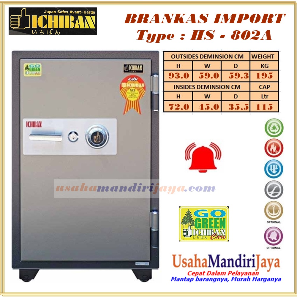 Brankas Ichiban HS-802A Tahan Api dan Alarm, Ukuran Besar 930x590x593 mm, Berat 195 kg