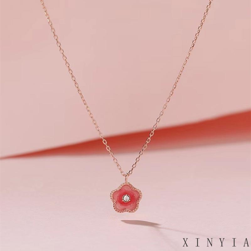 【Bayar di tempat】2023 Fashion Korea Baru Kalung Rantai Klavikula Dengan Liontin Bunga Persik Warna Pink Untuk Wanita