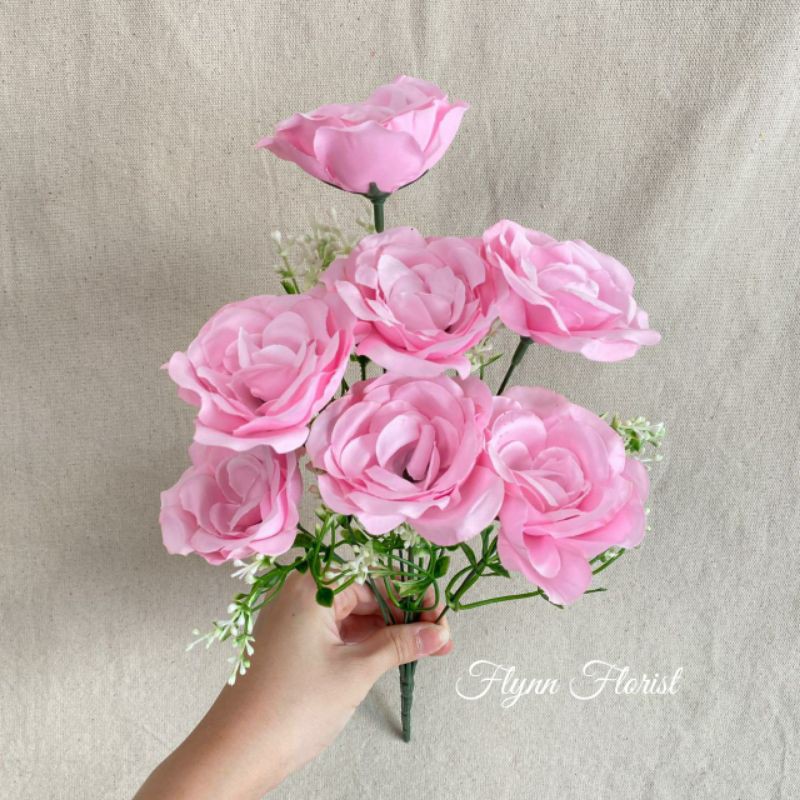 Bunga Mawar Impor Rose Paris Kombinasi x7 (satuan) Bunga Artificial / Bunga Plastik / Bunga Dekorasi-Pink
