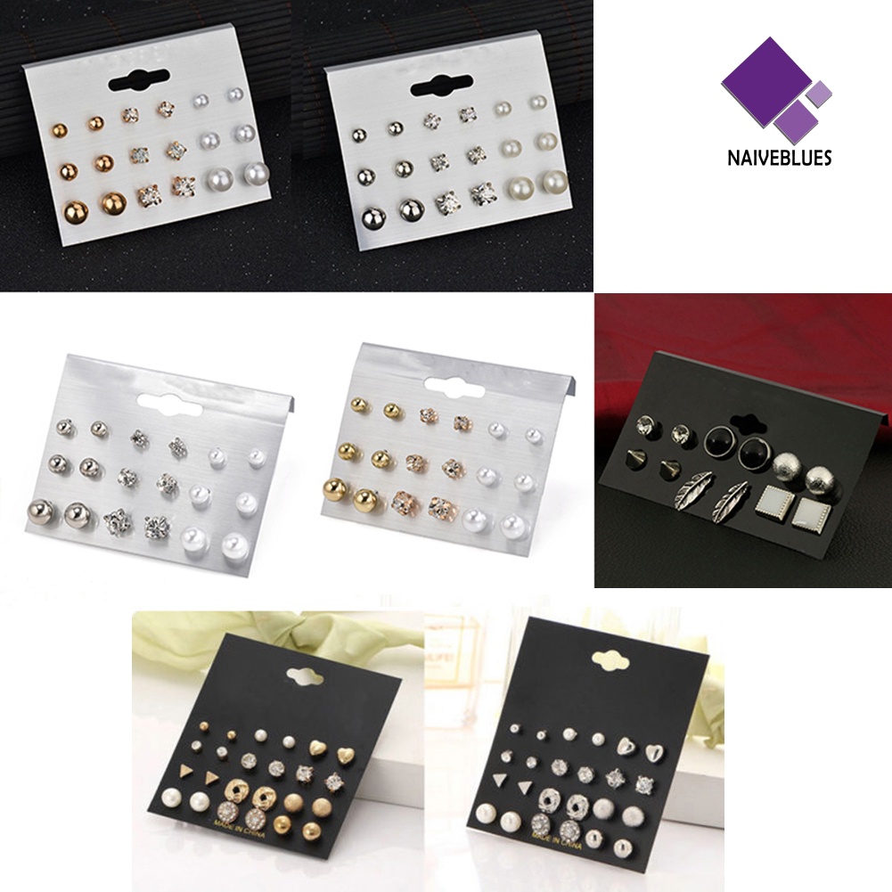 6 / 9 / 12 Pasang Anting Stud Berlian Imitasi Untuk Wanita