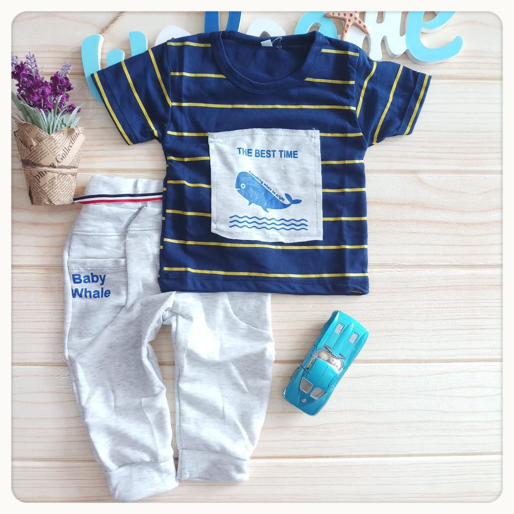 Baby whale set baju kaos oblong piyama anak laki Baby whale set baju kaos oblong piyama anak laki