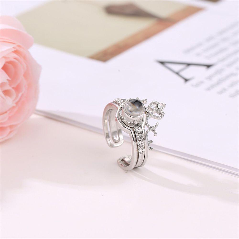 R-flower Projection Ring Cincin Pasangan Pesta Pernikahan Berlian Bentuk Mahkota Terbuka I Love You