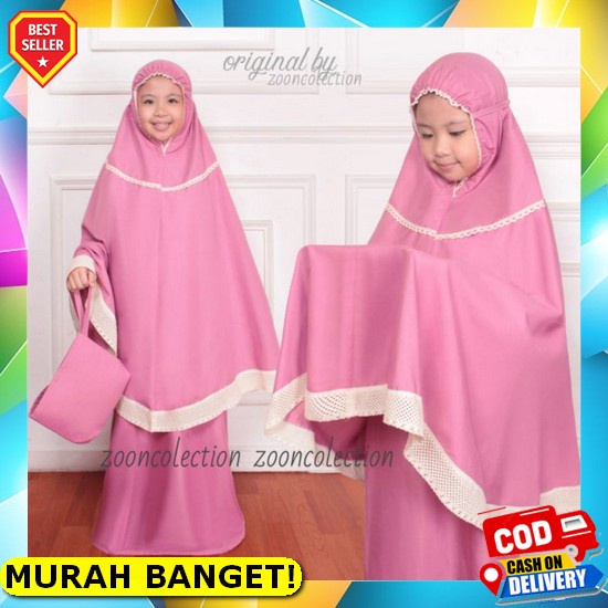 Mukena Anak Cewek Renda Branded Ori Mewah Karakter Katun Polos J2K9 Set Sejadah 2 - 12 Tahun Cantik 
