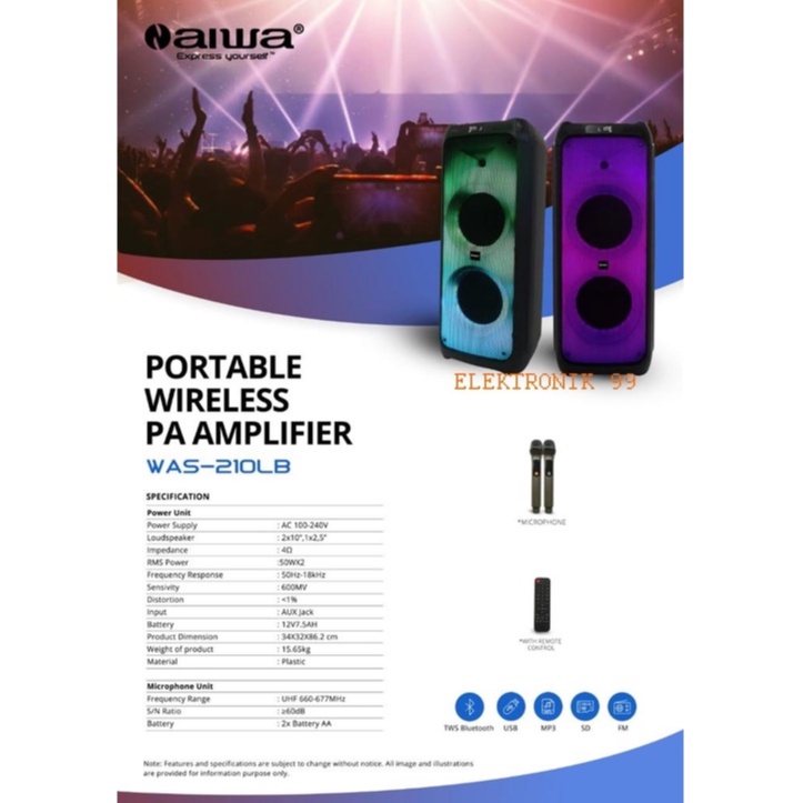 Speaker Portable AIWA WAS 210LB WAS210LB WAS 210 LB 2x10 inch ORIGINAL