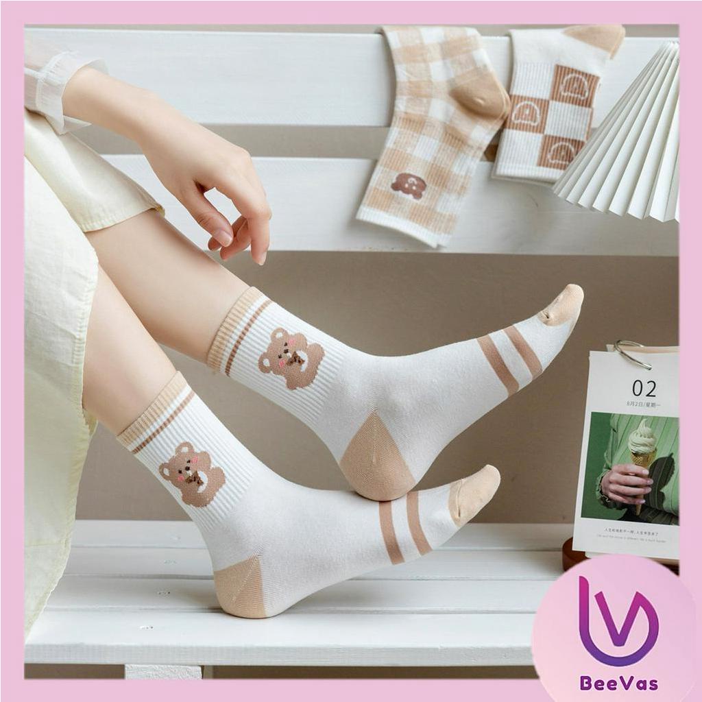 BV.ID KK1222 Kaos Kaki Fashion Pendek Ankle Motif Beruang Bear Cream Socks Korean