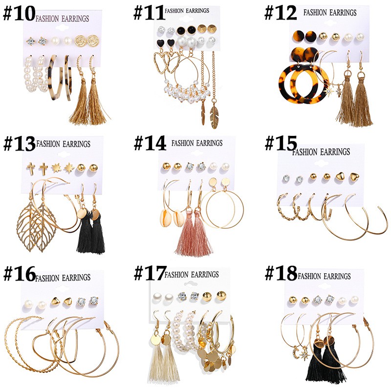 [ACKER] 6 Pair/set Fashion Pearl Earrings Set Wanita Bohemian Lingkaran Rumbai Panjang Stud Earrings Pantai Perhiasan