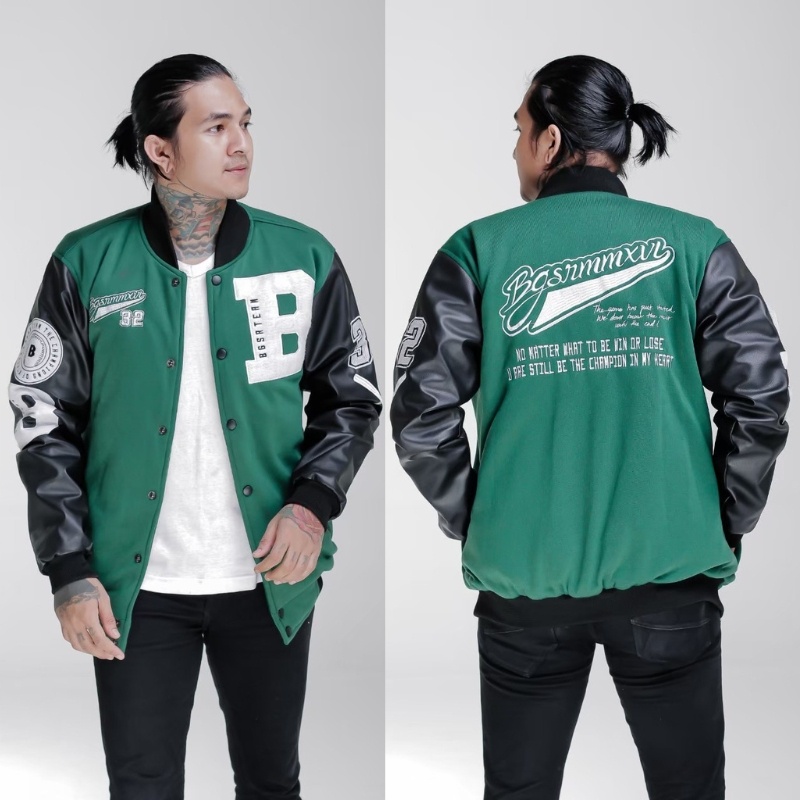 Varsity Jacket varsity 248 Hitam Crem Fulltag + Label Mirror Pria Wanita