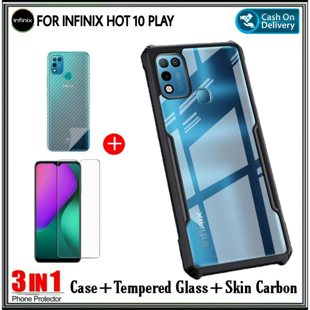 PAKET 3IN1 Case Infinix Hot 10 PLAY Hard Soft Fusion Armor Shockprooft TPU HD Trasnparan Acrylic Casing HP Cover DI HANYCASE