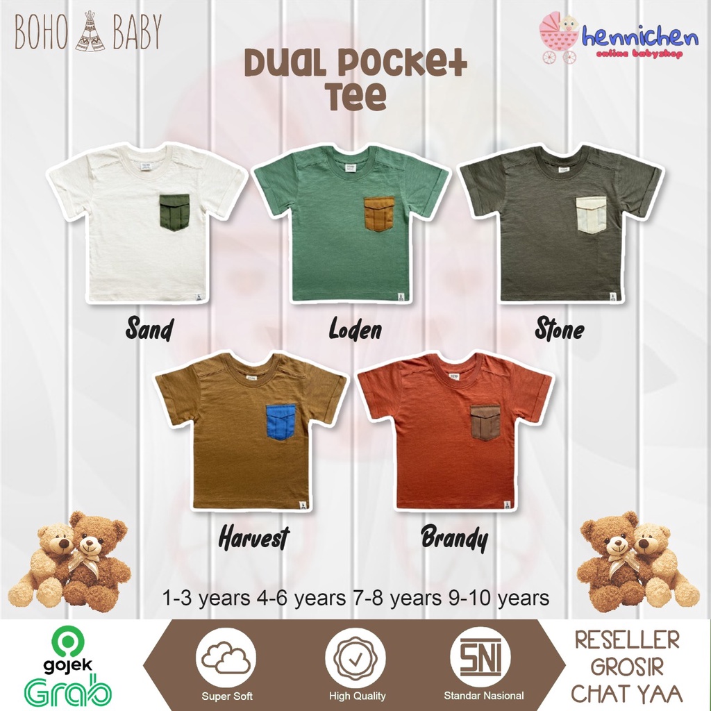 Bohopanna Boho baby boho panna Pocket tee Dual pocket tee Atasan anak laki / pakaian anak / baju anak 1-10 tahun