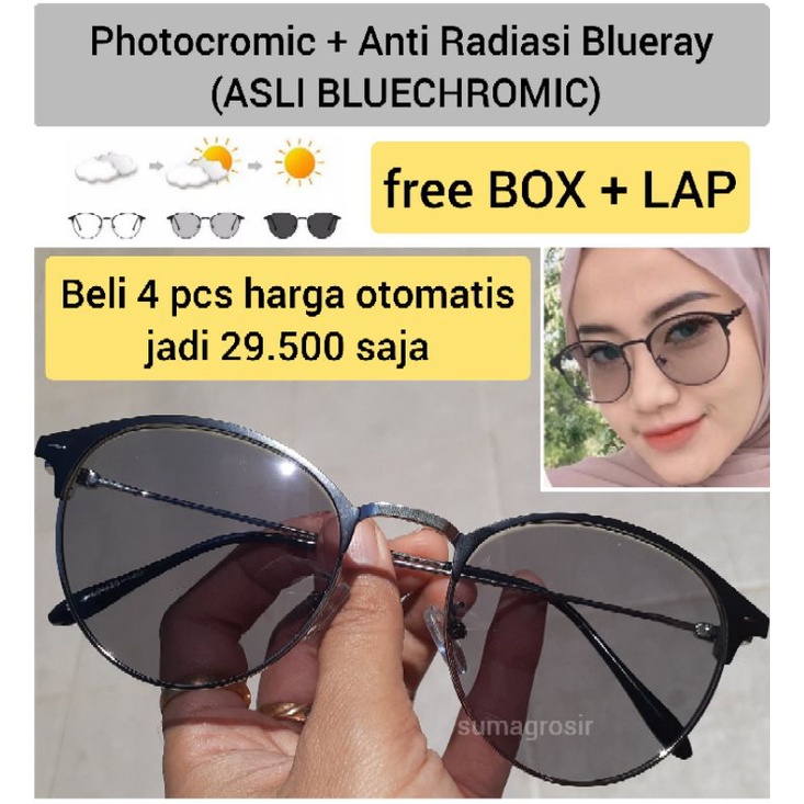 Kacamata Lensa Photocromic + Anti Radiasi Blueray BLUECROMIC Frame Besi 1920 Pria Wanita Photochromic Bluechromic Oval Alloy Fotokromik Berubah Warna Gelap 1920