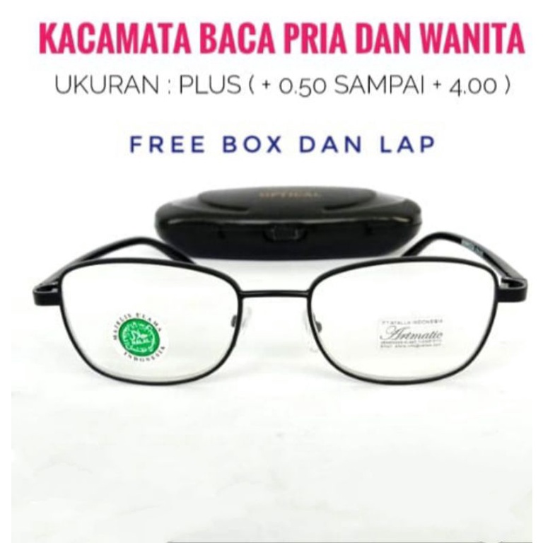 Kacamata baca plus anti radiasi frame besi sambungan tangkai plastik Free (Bok dan Lap)