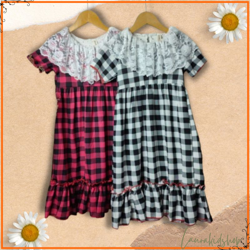 Dress Anak Perempuan Kotak-Kotak Kerah Renda 3-6 Tahun