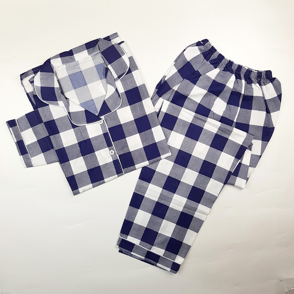 Stelan Baju Tidur Piyama Dewasa Lengan Panjang All Size Motif Lumina-PPL KOTAK CATUR NAVY