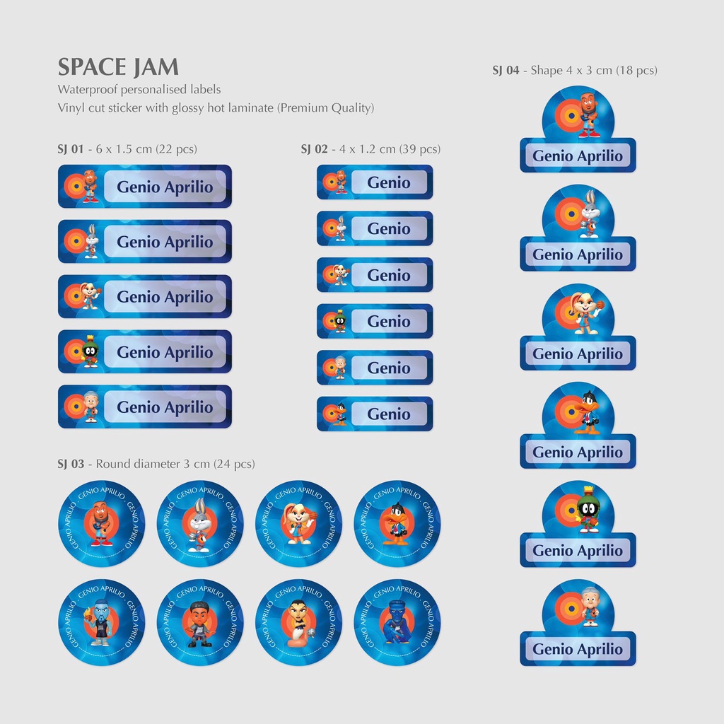 

SPACE JAM / LABEL & STIKER NAMA / STICKER VINYL WATERPROOF (TAHAN AIR & ANTI SOBEK), CUTTING, LAMINASI GLOSSY / LABEL NAMA ANAK