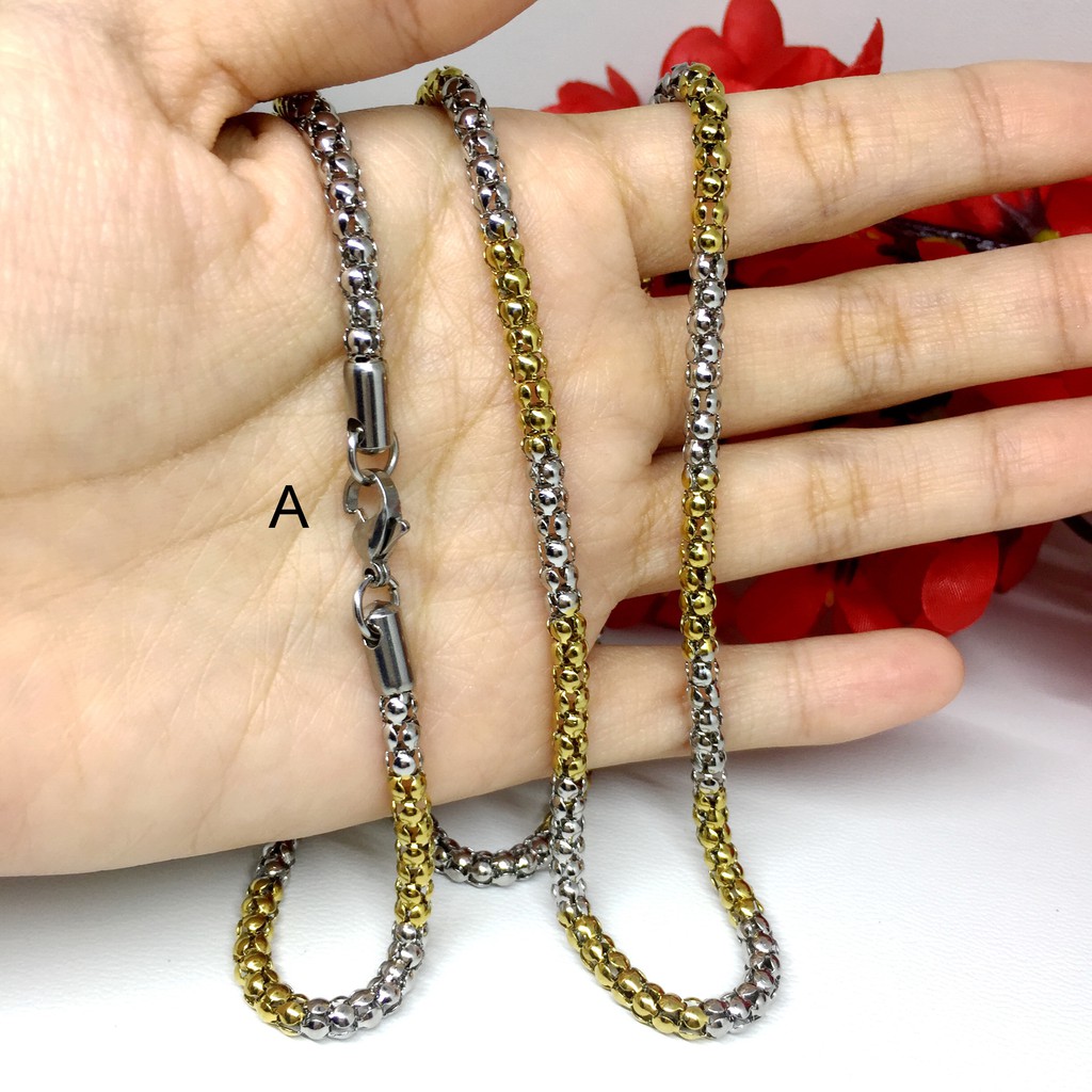 Rantai Kalung Titanium Pria Dua Warna Silver Gold Panjang 70 cm Tambang Anti Karat - BC068