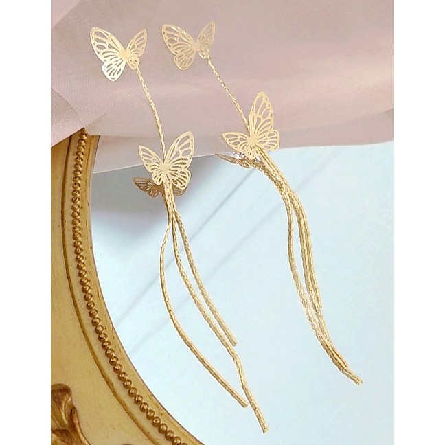 LRC Anting Tusuk Fashion Golden Butterfly Tassel Alloy Hollow Earrings K49012