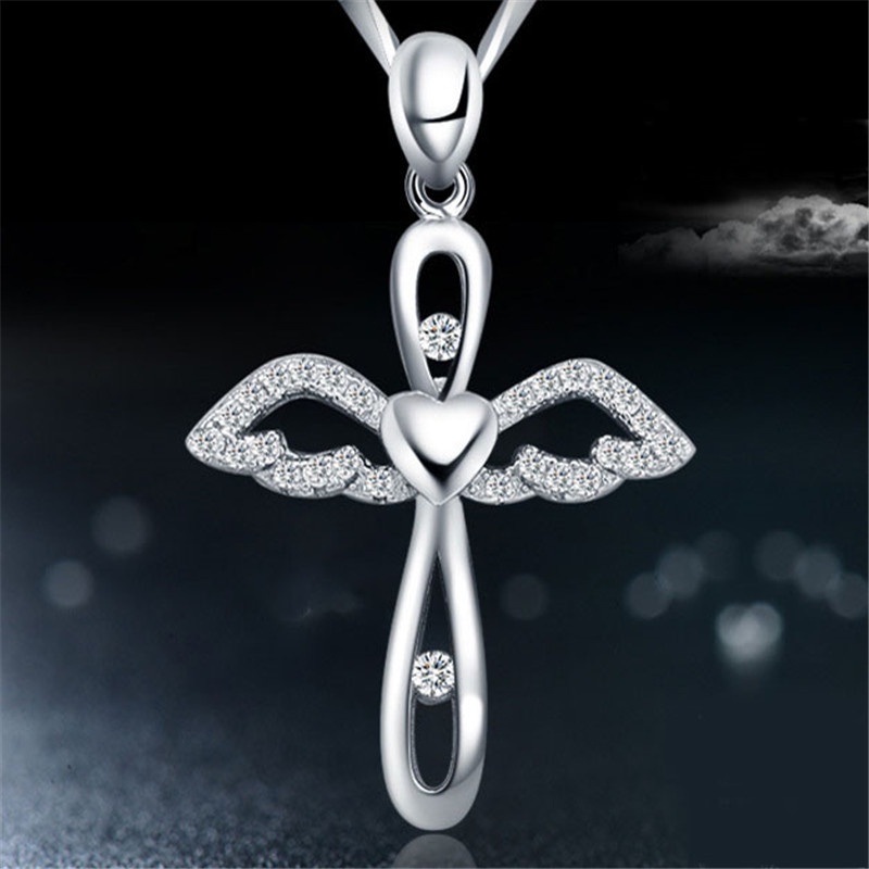 [Ready Stock]Fashion Silver Plated Cross Pendant Angel Wings Necklace