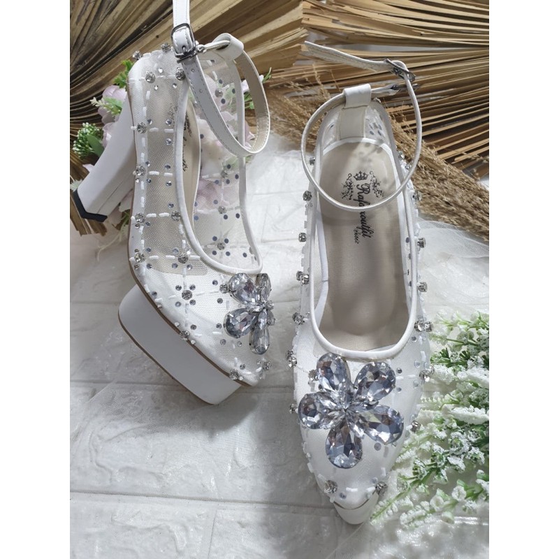 sepatu merrisna putih tali diamont cantik dan mewah 10cm