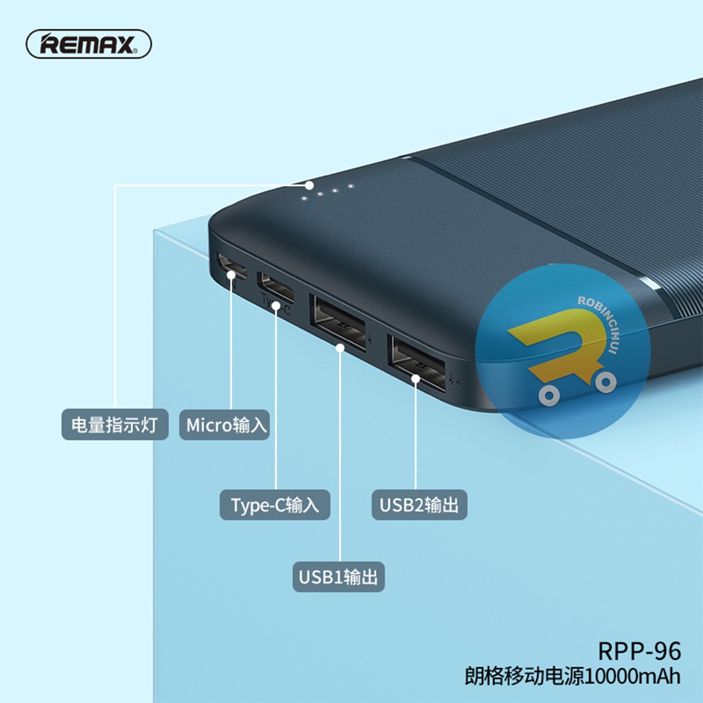 Powerbank Remax 10.000mAh Dual input Type C &amp; Micro Dual Output Usb With indicator RPP-96 (PB)