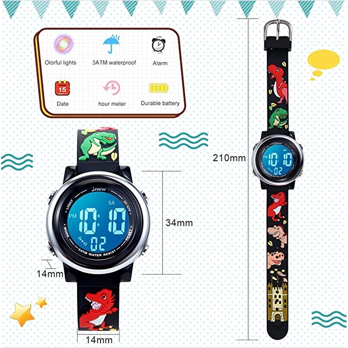 jam tangan anak laki-laki Light watch jam alarm seven colors flashing Waterproof electronic wristwatch boy watch with cartoon kids watch dinosaurus pattern for 3-10 years old baby