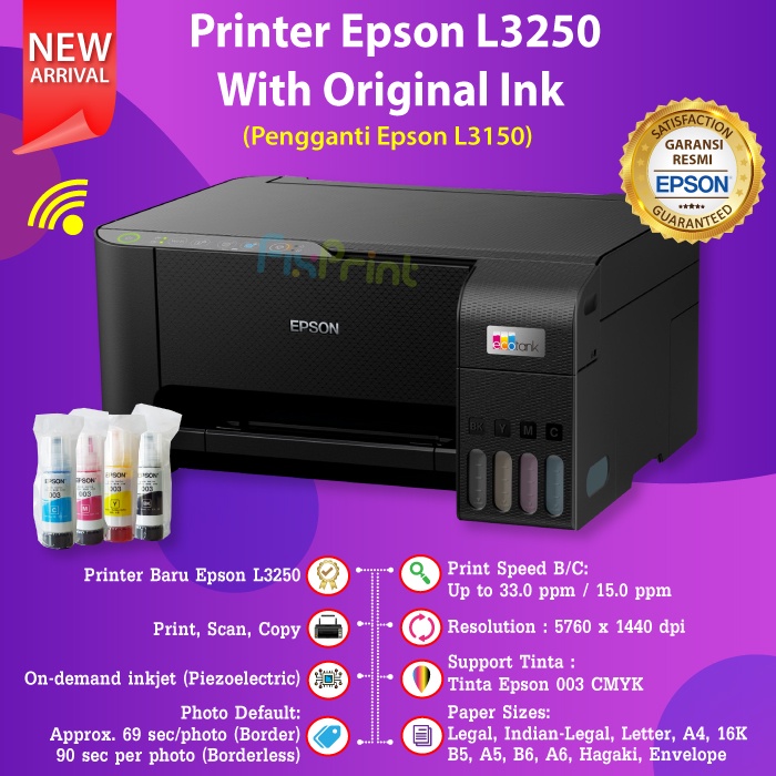 Epson Printer L3250 L3256 Pengganti L3150 All In One WiFi Printer Multifungsi Garansi Resmi Epson Indonesia Printer Ecotank Tinta Anti Tumpah Botol 003 Black CMY