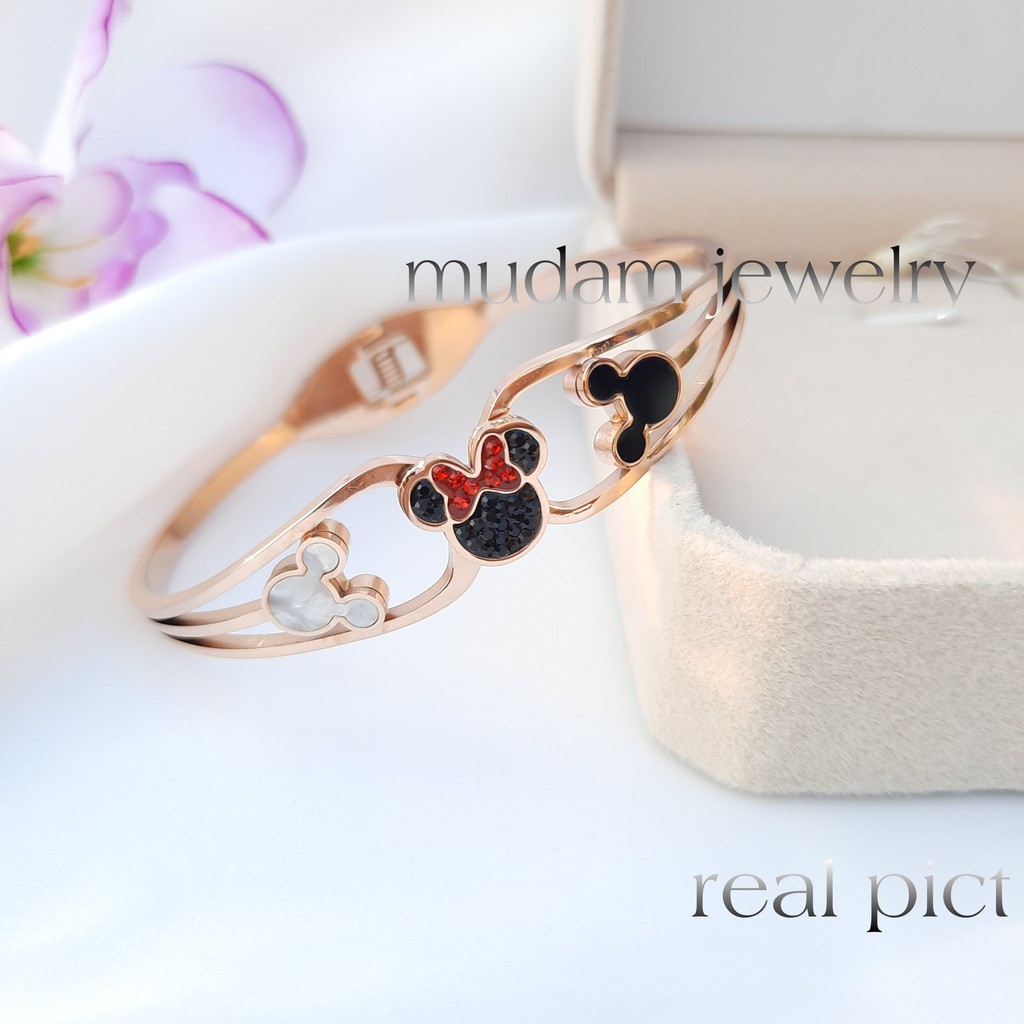 Gelang Bangle Titanium Three Minnie Love Tersedia Warna Rosegold, Gold dan Silver