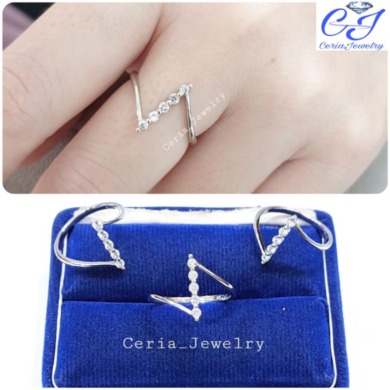 Cincin Perak Asli Silver Wanita 925 Lapis Emas Putih Model Zigzag 1 baris Polos - Perhiasan Perak Wanita Asli