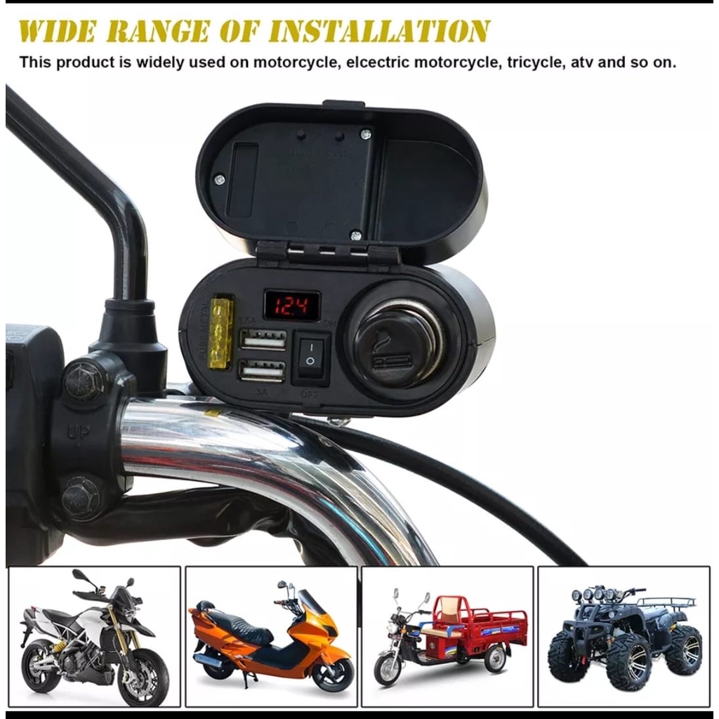 MotorCycle USB CD-3068 Lighter voltmetar / jam Charger Motor Dual usb