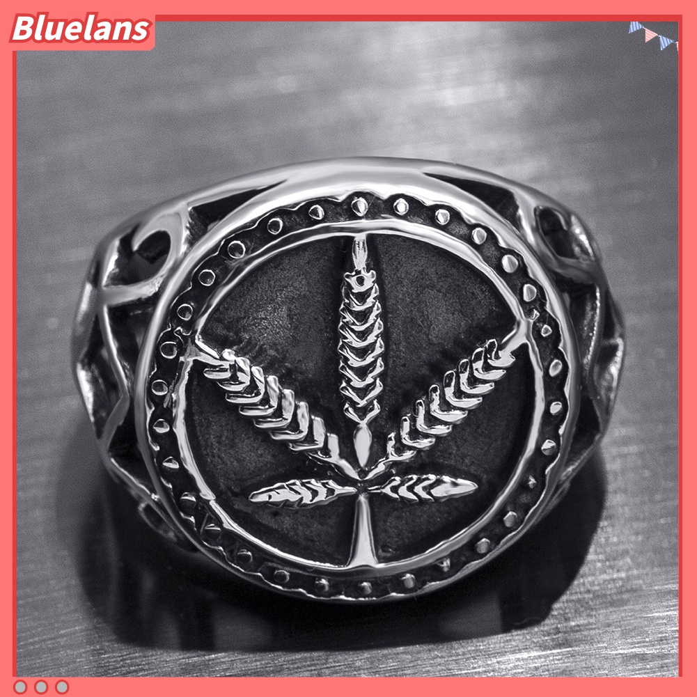 Bluelans Cincin Desain Daun Hollow Bahan Stainless Steel Gaya Punk Untuk Pria